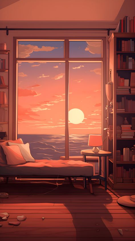 A captivating wallpaper featuring a room with bookshelves and a coffee table. Veranda Cafe, Lofi Art, Anime House, Drawing Wallpaper, Cool Wallpapers Art, Fantasy Art Landscapes, Aesthetic Pastel Wallpaper, Dreamy Art, Pastel Wallpaper