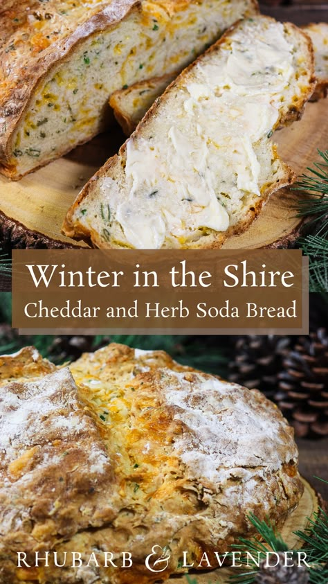 Freshly baked soda bread flavoured with sharp cheddar cheese and a blend of fresh herbs is best served warm straight from the hearth of a cozy hobbit hole in the Shire. Lembas Bread, Hobbit Day, Hobbit Food, Medieval Recipes, Irish Cuisine, Creamy Mushroom Soup, Bread Serving, Creamy Mushroom, Hobbit Hole