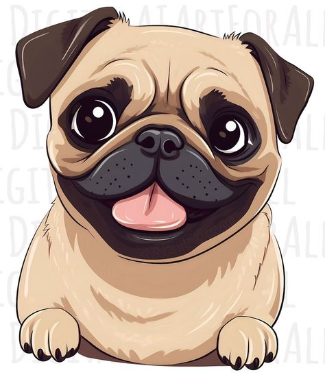 Anjing Pug, Dog Caricature, Pug Cartoon, Happy Pug, Pug Illustration, Cute Dog Drawing, T Shirt Design Png, Pug Art, Cute Pugs