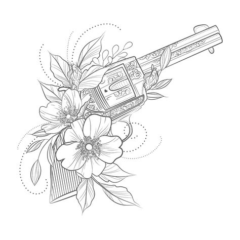 Western Tats, Rose Flowers Drawing, Revolver Tattoo, Art Journal Ideas, Chicanas Tattoo, Cowgirl Tattoos, Cowboy Tattoos, Western Tattoos, Flowers Drawing