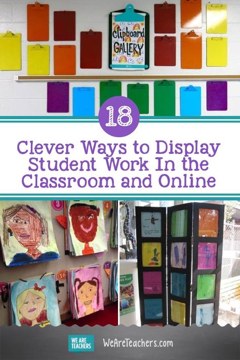 18 Clever Ways to Display Student Work In the Classroom and Online Art Display In Classroom, Hanging Classroom Art, Hanging Student Work In The Classroom, Classroom Art Display Wall Ideas, Classroom Anchor Charts Display, Art Classroom Hacks, Ways To Display Student Work, Art Wall Classroom, Classroom Art Display Wall