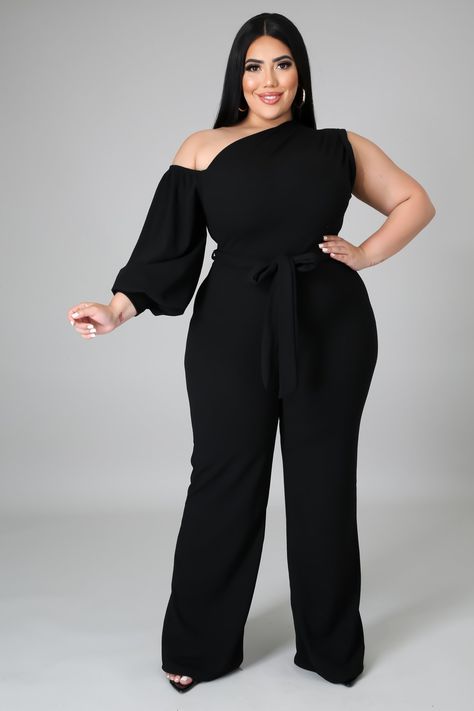 Stretch jumpsuit Long sleeve Boat neckline Self tie Zipper closure 95% polyester 5% spandex Hand wash cold Do not bleach Model is wearing a 2X Stretch Jumpsuit, Off Shoulder Jumpsuit, Belt Jumpsuit, Plus Size Jumpsuit, Loose Fitting Tops, Large Dress, Medium Dress, Long Jumpsuits, Looks Chic