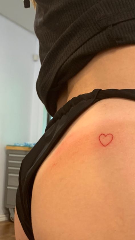 Tiny Red Heart Tattoo Hip, Small Heart Tattoos For Women On Hip, Small Heart Buttcheek Tattoo, Red Tiny Heart Tattoo, Red Heart On Buttcheek Tattoo, Simple Red Heart Tattoo, Heart Tattoo Waist, Red Outline Heart Tattoo, Heart Tattoo On Buttocks