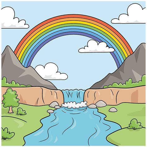 Drawing For 3rd Class Students, Rainbow Scenery, Landscape Drawing For Kids, Simple Nature Drawing, Nature Drawing For Kids, Easy Nature Drawings, Landscape Drawing Tutorial, Landscape Drawing Easy, Scenery Drawing For Kids