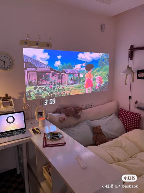 Room Ideas Aesthetic With Projector, Aesthetic Bedroom With Projector, Bedroom With Projector Screen Aesthetic, Aesthetic Room With Projector, Aesthetic Room Projector, Small Room Projector Setup, Room Inspo Projector, Bedroom Ideas With Projector, Aesthetic Room With Tv