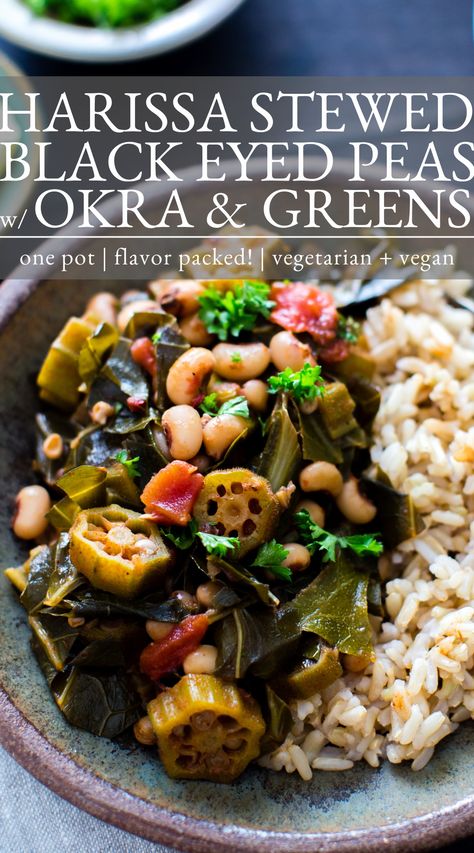 Okra Meals, Okra Dishes, Blackeyed Pea Recipes, Kale Bowl, Beans And Greens, Okra Stew, Okra Recipes, One Pot Meal, Pea Recipes