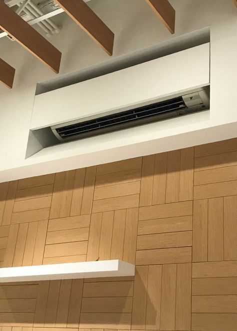 Recessed Mini Split, Hidden Split Air Conditioner, Built In Air Conditioner, Split Air Conditioner Design, Wood Air Conditioner Cover, Garage Air Conditioner Ideas, Casette Ac Ceiling Design, Split Unit Air Conditioning Cover, Split Ac Panelling Design