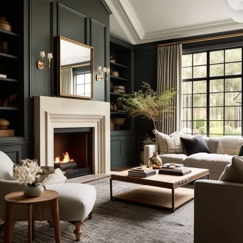 Hunter Green Library Room, Deep Green Living Room Decor, Dark Green Neutral Living Room, Moody And Airy Living Room, Green Room With Fireplace, Dark And Moody Living Room Modern, Deep Green Built Ins, Classical Modern Living Room, Semi Moody Living Room