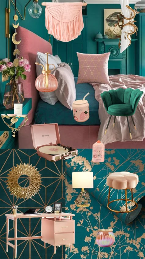 #interiordesign #homedecor #teal #pink #gold #cute Pink Teal Black Bedroom, Teal Velvet Bedroom Ideas, Teal Pink And Gold Living Room, Teal Wall Bedroom Decor, Teal Dressing Room, Teal Gold And Pink Bedroom, Teal Green And Pink Bedroom, Teal And Leopard Bedroom, Turquoise Pink And Gold Bedroom