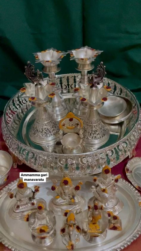 Silver Utensils, Puja Items, Pooja Decor, Diwali Pooja, Goddess Laxmi, Pooja Items, Silver Pooja Items, House Items, Hand Work Blouse