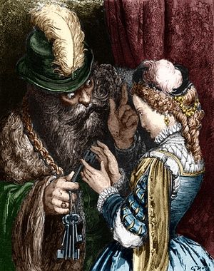 An 1867 Gustave Doré engraving of Bluebeard entrusting his keys to his wife, from the fairytale by Charles Perrault. Norse Myth, Gustave Dore, Modern Fairytale, Fairytale Illustration, Giclee Painting, Gothic Horror, Fairytale Art, Folk Tales, The Godfather