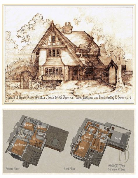 House 331 Summary Page by Built4ever Perspective Portrait, House Plans Layout, Sketchup Tutorials, Side Garage, Witches Cottage, Storybook Homes, Cottage Floor Plans, Witch Cottage, Vintage House Plans