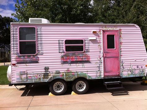 Pretty in Pink Pink Trailer Home, Pink Camper, Minimalist Place, Pink Trailer, Vintage Beds, Pop Up Tent Trailer, Vintage Camper Remodel, Diy Camper Remodel, Vintage Rv