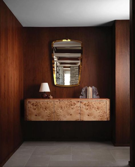 BOERUM HILL • Instagram Modern Art Deco Home, Burled Wood Furniture, Hall Mirrors, Leather Mirror, Art Deco Home, French Interior, Wood Interiors, Wood Console Table, Bespoke Furniture