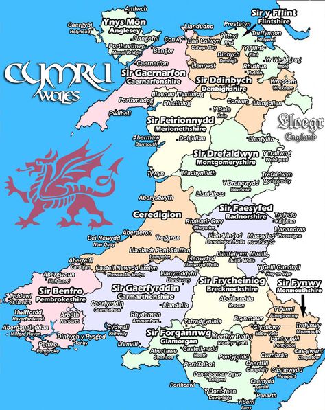 Map o Gymru - Map of Wales Welsh Quotes, Welsh People, Welsh Sayings, Welsh Ancestry, Learn Welsh, Wales Map, Welsh Words, Welsh Language, Ancestry Family Tree