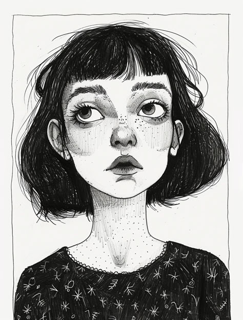 Portrait of a teen girl. Black and white line drawing. Teen Girl Black, Line Drawing Portrait, Rough Drawing, Girl Black And White, Ink Portrait, Black And White Lines, White Line, Illustration Sketches, Art Club