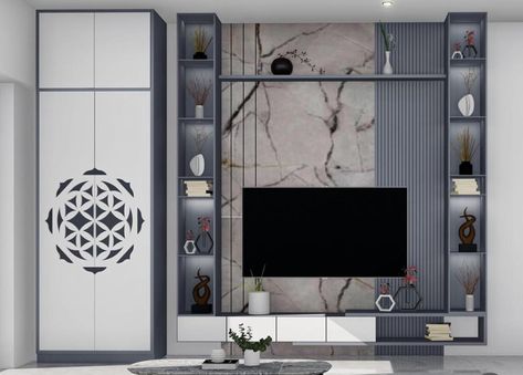 Tv Unit Decor With Mandir, Mandir Design With Tv Unit Modern, Tv Unit For Small Living Room, Tv Cabinet With Pooja Unit, Tv Unit Attached Mandir, Tv Unit With Puja Unit, Tv Unit With Pooja Unit, Pooja Units, Mandir Door