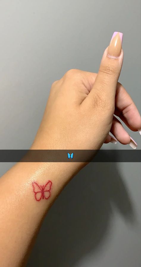 Cute Small Red Tattoos For Women, Aesthetic Tattoos Red Ink, Tattoo Ideas Female Small Unique Hand, Tattoo Ideas Female Aesthetic Small, Red Ink Stick And Poke, Stick And Poke Butterfly Tattoo, Tiny Tattoos Black Women, Butterfly Stick And Poke Tattoo, Small Hand Tats For Women