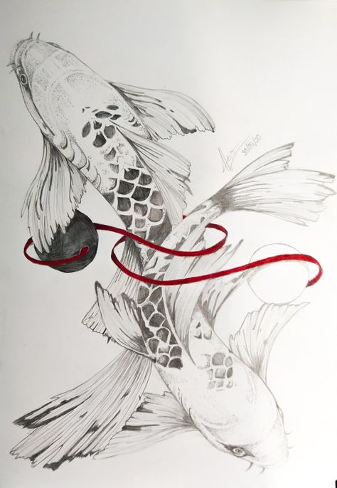 Dibujo de Peces Koi con el Yin y el yang enlazados con el hilo rojo del destino Wearable Art Clothing, Art Block, Coral Reef, Art Clothes, Foto Bts, Wearable Art, Small Tattoos, Koi, Tatting