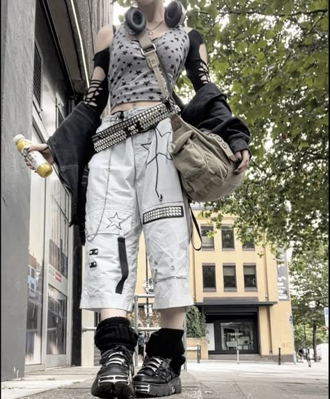 Outfits With Tripp Pants, Star Belt Y2k, Alt Trousers Outfit, Chunky Shoes Outfit Aesthetic, Tripp Pants Outfit Aesthetic, White New Rock Shoes Outfit, Outfits With New Rock Shoes, New Rocks White Shoes Outfit, Goth Trousers Outfit