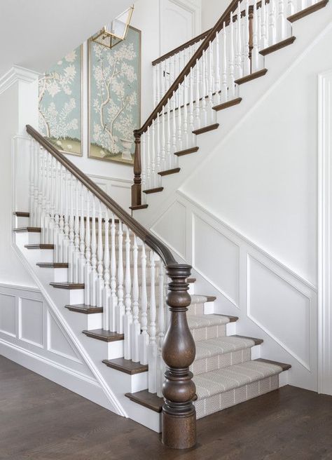 Stair Railing Traditional, Church Entryway, Villa Stairs, Wood Banister, House Diys, Classic Staircase, Striped Stair Runner, Stairs Trim, Transitional Staircase