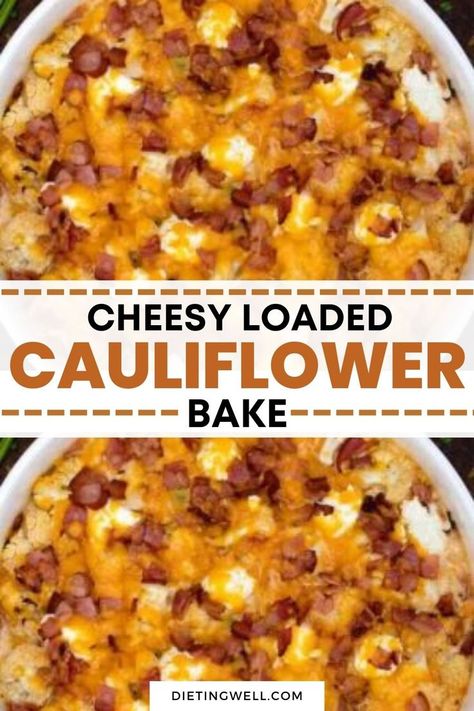 Indulge in the ultimate Cheesy Loaded Cauliflower Bake, a mouthwatering low-carb delight that will satisfy your cravings! 🧀🥦 Elevate your dinner with this easy, keto-friendly recipe. Try it today and embrace a healthier, tastier lifestyle! #CheesyCauliflower #LowCarbBake #KetoRecipe #HealthyDinner Keto Cauliflower Casserole, Comfort Food Healthy, Loaded Cauliflower Bake, Cheesy Cauliflower Bake, Keto Side Dish, Vegetable Bake, Cauliflower Bake, Loaded Cauliflower Casserole, Thanksgiving Brunch