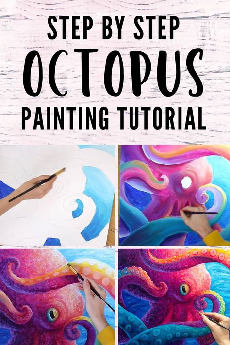 a step by step art tutorial teaching you how to paint this colorful octopus painting in acrylics. Paint An Octopus, Painting Of Octopus, How To Paint Octopus, Colorful Octopus Painting, How To Paint Ocean Acrylic, Painting Ideas Tutorials Step By Step, How To Paint An Octopus Step By Step, Colorful Animal Paintings Acrylics, How To Paint An Octopus