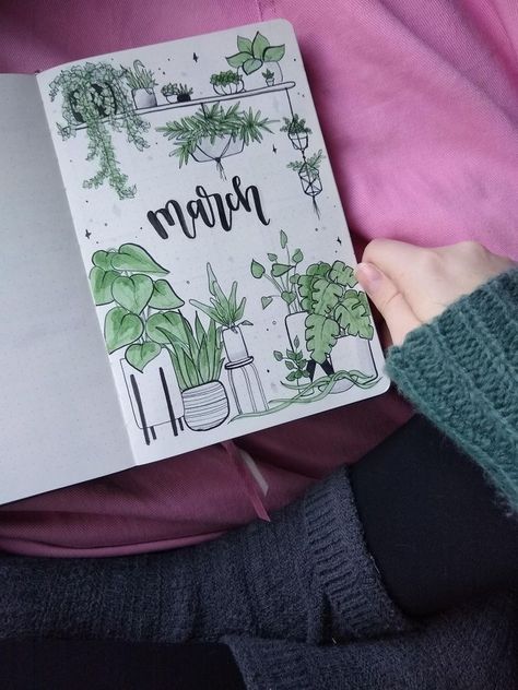 Plants Cover Page, Plant Journal Aesthetic, Bujo Plants Theme, Plant Scrapbook Ideas, Journal Ideas Plants, Plants Aesthetic Drawing, Bujo March Cover, Plant Journal Ideas, March Bujo Theme