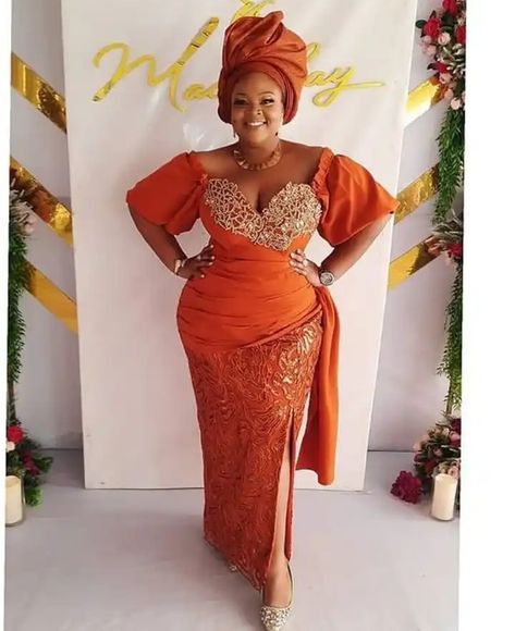 Plus Size Asoebi, Lace Gown Style, Burnt Orange Lace Dress, Bridesmaid Outfit Ideas, Lace Asoebi, Owambe Styles, Lace Styles For Wedding, Latest Ankara Lace Styles, Asoebi Style