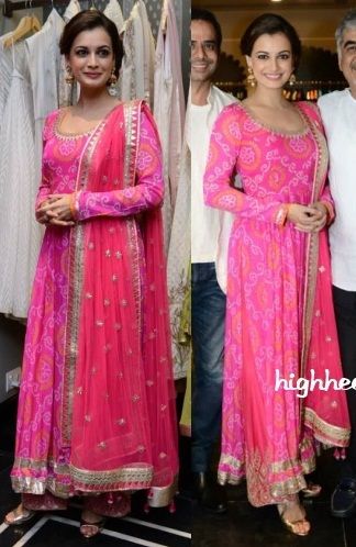 Diya Mirza radiant in bright pink anarkali by Anita Dongre. Bollywood Fashion. #diamirza #anitadongre #pink #anarkali #indianfashion #desifashion #brightpink #bollywoodfashion #actress @ @highheelconfidential via @sunjayjk Bhandini Saree Dress, Lehriya Anarkali Suits, Bandhani Anarkali Suits, Bandhani Suits Design, Bandhani Anarkali Dress, Bandhani Anarkali, Diya Mirza, Pink Anarkali, Dia Mirza