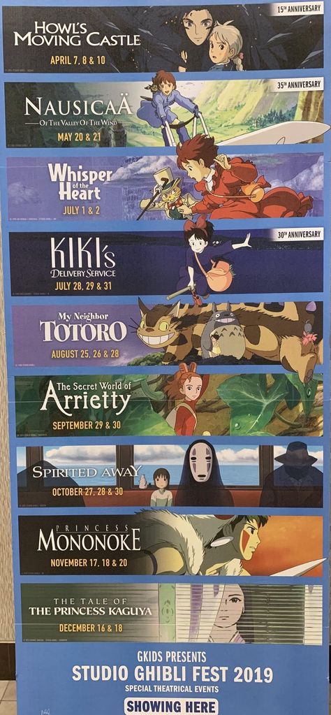 Princess Mononoke, Princess Kaguya, The Secret World, Kiki's Delivery Service, 35th Anniversary, 15th Anniversary, October 27, August 25, April 7