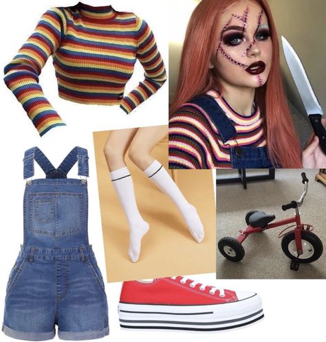 Chucky Doll Halloween Costume, Chucky Doll Costume Women, Female Chuckie Costume, Female Chucky Cosplay, Chucky Costume Diy Female, Chuckie Halloween Costume Female, Female Chucky Halloween Costume, Halloween Costumes With Copper Hair, Tomboy Costumes Halloween