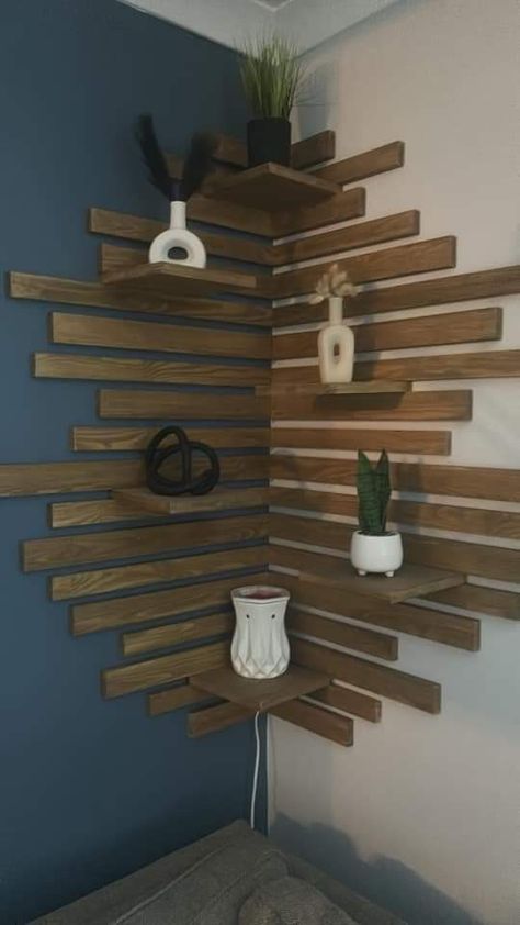 Corner Slat Wall Shelf, Slat Shelves, Mirror Framing, Built In Electric Fireplace, Indoor Plant Wall, Slatted Shelves, Wall Corner, Corner Wall Shelves, Wood Accent Wall