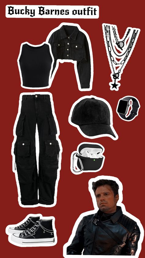 Bucky Outfit Ideas, Bucky Barnes Outfit Women, Winter Soldier Inspired Outfits, Marvel Character Outfits, Bucky Inspired Outfits, Outfits Based On Marvel Characters, Bucky Barnes Outfit Inspiration, Marvel Clothes Aesthetic, Bucky Barnes Halloween Costume