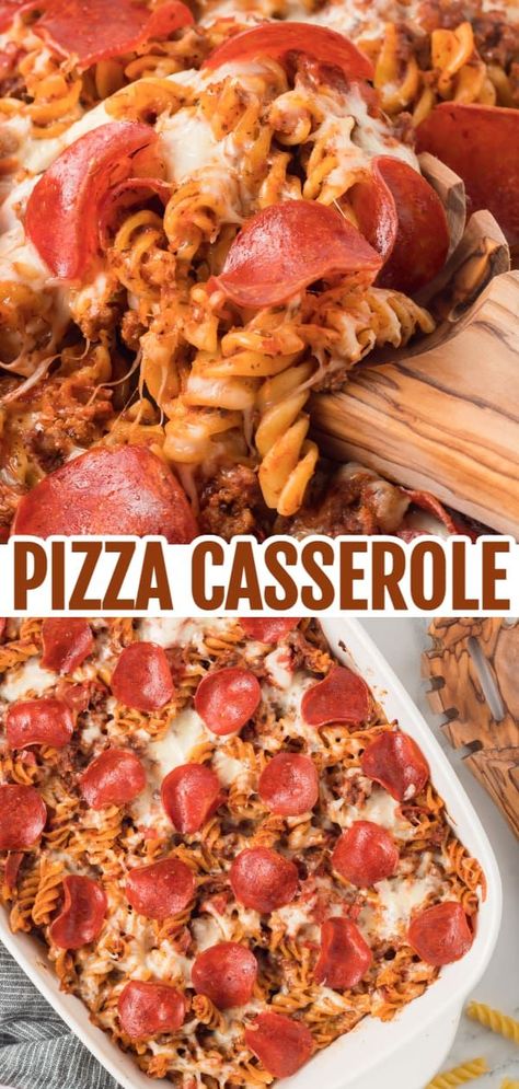 Pizza Casserole is a delicious baked rotini pasta loaded with ground beef, pizza sauce, pepperoni and mozzarella cheese. Pepperoni And Pasta Recipes, Rotini Casserole Recipes, Pizza Sauce Uses, Rotini Ground Beef Recipes, Ground Beef Pizza Casserole, Ground Beef And Pepperoni Recipes, Rotini Pasta Casserole Recipes, Rotini And Ground Beef Recipes, Rotini Pasta Recipes With Ground Beef