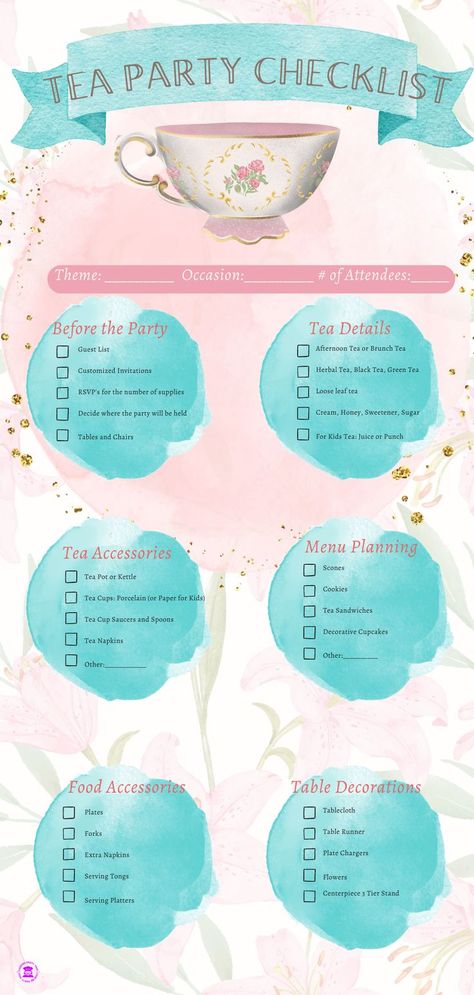 tea party checklist, free tea party checklist Kitchen Tea Party Ideas, Activities To Do At A Tea Party, Tea Party Birthday For Adults, High Tea Bday Party, Yea Party Activities, Adult Tea Party Birthday Themes, Tea Time Table Decoration, Pastel Tea Party Decorations, Host Tea Party