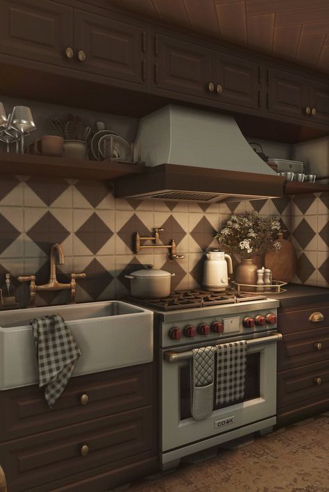 Late Night Cooking, Academia Kitchen, Dark Academia Kitchen, Academia House, Bloxburg Cottage, Sims Aesthetic, Sims 4 Kitchen, Sims 4 House Plans, Sims 4 House Building