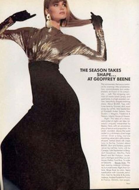 For Sale on 1stDibs - Vintage 1980s Elegant Geoffrey Beene gold lamé and wool jersey gown with long sleeve. Medium size Measurement: Bust: 36'/ Waist: 27' / Hip: 36'/ Length: Paulina Porizkova, Isabella Rossellini, Original Supermodels, High Fashion Editorial, Luminous Skin, Geoffrey Beene, Richard Avedon, Gold Lame, Taffeta Dress