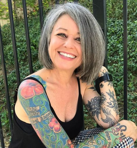 Lonni Living Life At 56 on Instagram: “I’m only one person but I can make a difference....and so can you. Be kinder, don’t judge others, stop the hate and just be a good human.…” Woman With Tattoos, Incredible Tattoos, Dressing Up, Grey Hair, 50 Years, Tattoos For Women, Year Old, Tattoos, Grey