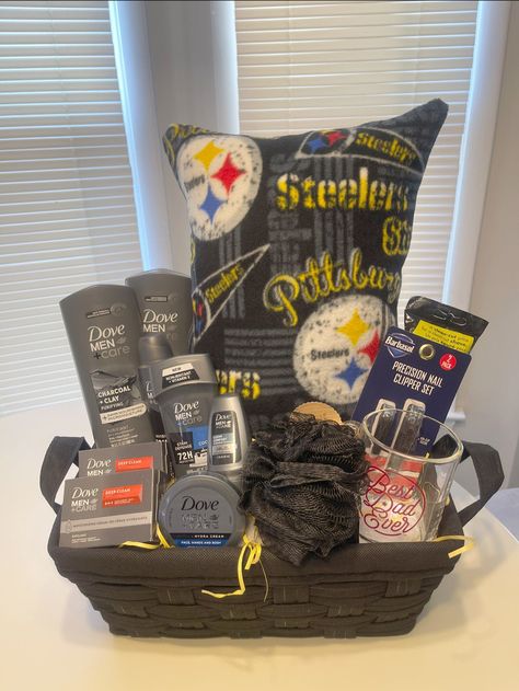 Sports Gift baskets. Sports pillows are custom made. Dove products. Sport Gift Basket, Homemade Gifts For Brother, Brother Christmas Gift Ideas, Birthday Basket For Boyfriend, Christmas Gift Ideas For Brother, Sports Pillows, Sport Gift Ideas, Sports Gift Basket, Gift Basket For Men