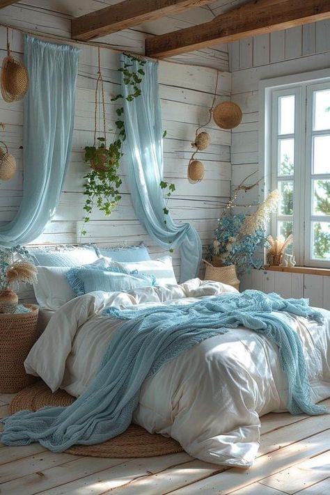 Boho Costal Bedroom, Cottage Core Bedroom Ideas, Beachy Boho Bedroom, Coastal Farmhouse Bedroom, Boho Coastal Bedroom, Costal Bedroom, Coastal Bedroom Ideas, Baddie Room, Spain House