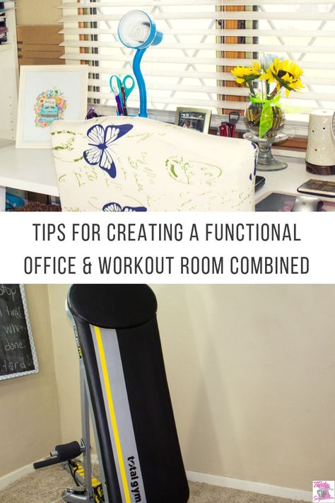 Tips for Creating a Functional Home Office & Workout Room Combined - ThirtySomethingSuperMom Home Office And Workout Room, Office Exercise Room Combo, Workout And Office Room Ideas, Home Office Workout Room, Office And Workout Room, Home Office Workout Room Combo, Gym Office Combo Work Spaces, Home Gym And Office Combo, Gym Office Combo