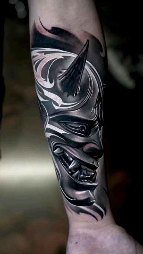 Tattoo Oni, Mascara Hannya, Hanya Mask Tattoo, Samurai Mask Tattoo, Gas Mask Tattoo, Designs With Meaning, Oni Mask Tattoo, Oni Tattoo, Hannya Mask Tattoo