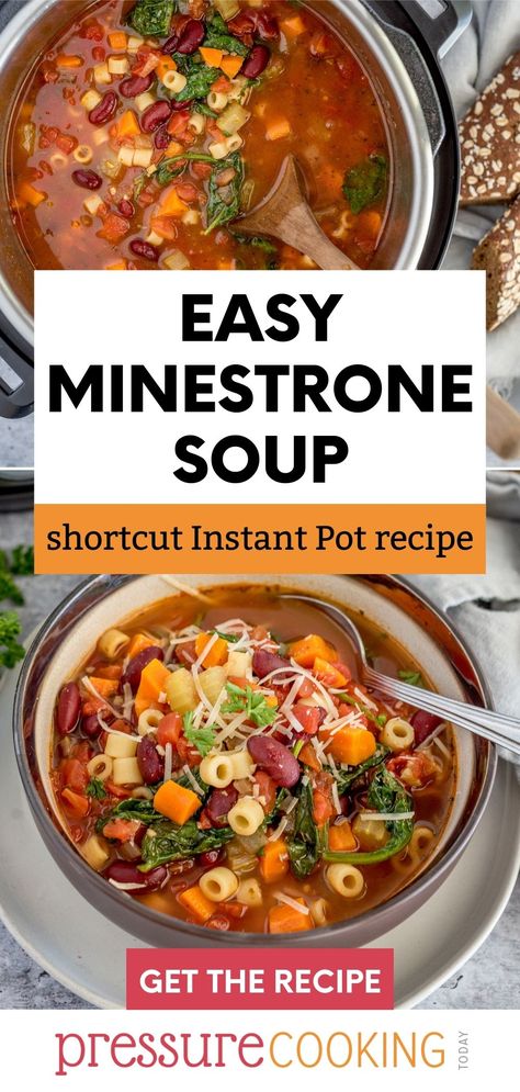 Pinterest Button that reads "Easy Minestrone Soup: Shortcut Instant Pot recipe) over two photos. The first is of the soup cooking in the Instant Pot. The second photo is of the soup ready to serve in a small stoneware bowl, and garnished with grated parmesan cheese. via @PressureCook2da Insta Pot Minestrone Soup, Minestrone Soup Recipe Instant Pot, Easy Minestrone Soup Recipe, Instant Pot Minestrone Soup, Easy Minestrone Soup, Instant Pot Minestrone, Pasta Basil, Easy Minestrone, Ham And Cabbage Soup