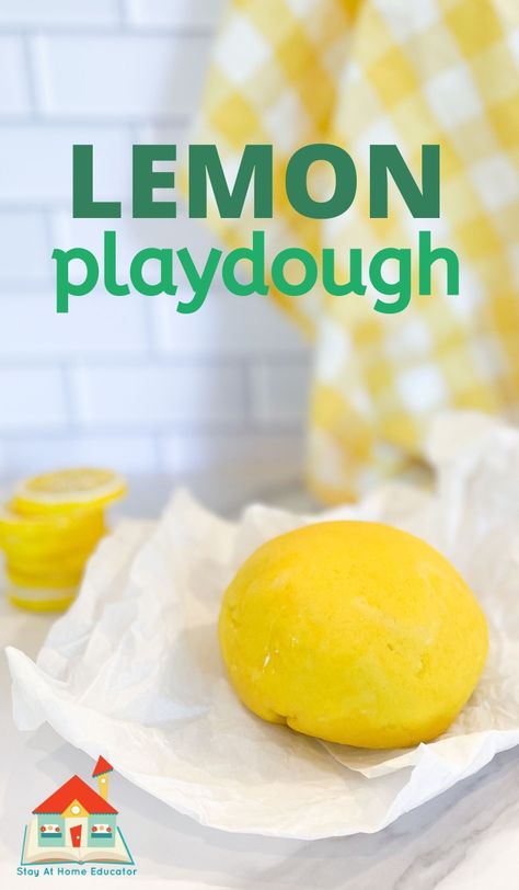 This lemon playdough recipe will awaken all the senses! The base is a classic cooked playdough recipe, but since it has a few add-ins it make it a lemon scented playdough, it smells just like summer! This homemade playdough recipe is quick and easy, and if you're a novice at making homemade playdough, this is a good recipe to start with. It is soft and smooth with just the right amount of pull, and the citrusy scent will keep your little ones playing for hours this summer. Kool Aid Play Dough Recipe, Koolaid Playdough, Recipe Lemonade, Spring Smells, Scented Playdough, Cooked Playdough, Edible Playdough, Scented Play Dough, Cooking Theme