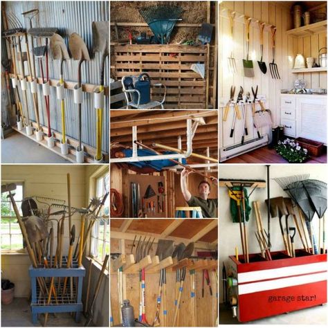 Many types of storage options are available for long handled tools. All you need to do is look at creative ways to store shovels, rakes, and vertical gear. Rake Storage Ideas, Rake Storage, Types Of Storage, Garden Tool Rack, Garden Tool Organization, Garage Storage Solutions, Tool Storage Diy, Tool Rack, Garden Tool Storage