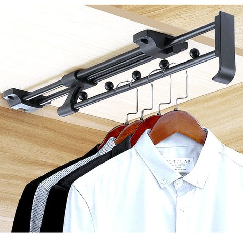 PRICES MAY VARY. Package & Material---You will get 1 pieces of pull out closet valet rod.Made of iron nickel plating+ABS plastic in black. Universal Application---The pull out closet rod is mainly suitable for wardrobes and storage areas, is a space saving storage solution. Flexible expansion,efficient use of space,easy hanging. Easy to install---The pull out closet rod valet with 4 mounting holes(2 on each end).The screw installation method is not only convenient and firm, but also not easy to Pull Out Closet, Neat Closet, Closet Hangers, Closet Rods, Closet Organizing Systems, Sliding Wardrobe, Clothes Rail, Closet Rod, Closet Shelves