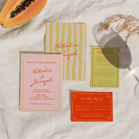 Colorful Hand Written Pinstripes Whimsical Wedding Pink And Orange Wedding Colors, Colorful Wedding Invitation Suite, Trending Stationary, Fall Colorful Wedding, Colorful Wedding Invites, Modern Colorful Wedding Invitations, Whimsical Colorful Wedding, Eclectic Wedding Invitations, Green Wedding Stationery