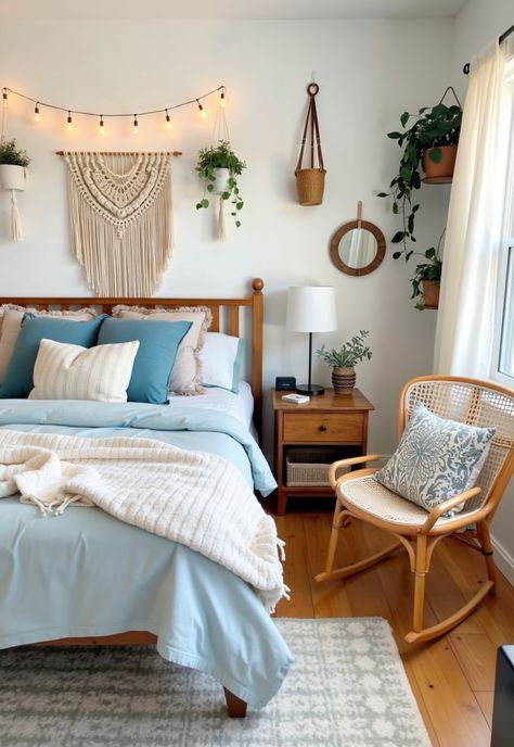 Light Blue Boho Bedroom Boho Guest Bedroom, Light Blue Boho Bedroom, Blue Boho Bedroom Ideas, Blue Boho Bedroom, Diy Wall Hangings, Bedroom Design Tips, Thrifted Furniture, Painted Planters, Boho Bedroom Design