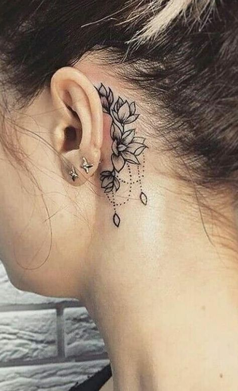 Behind The Neck Tattoos For Women, Angie Smith, Behind Ear Tattoos, Tato Henna, Ear Tattoos, Tattoo Zeichnungen, Adam Scott, Tattoo Templates, Inspiration Tattoos